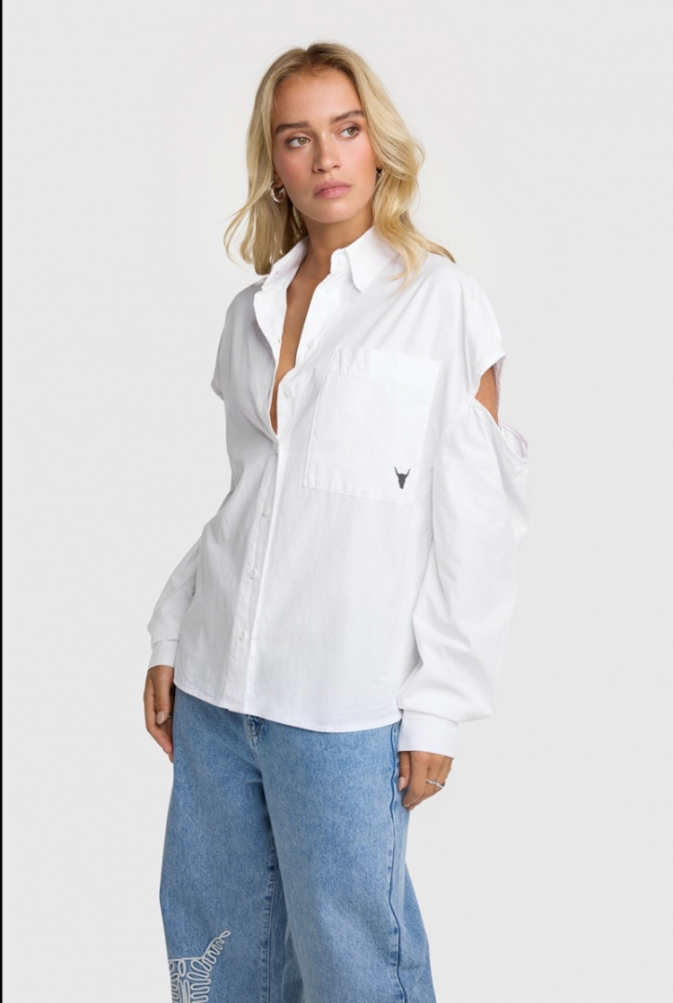 Woven cut out blouse soft white