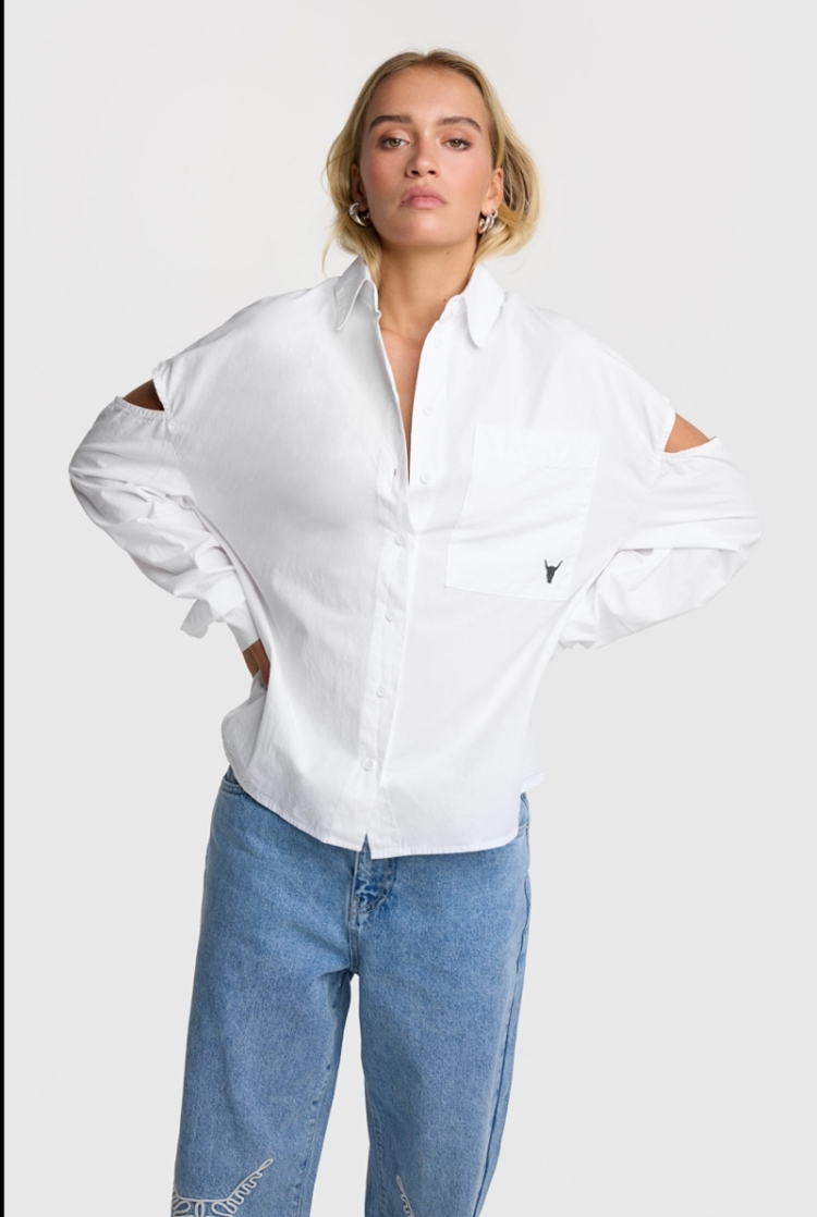 Woven cut out blouse soft white